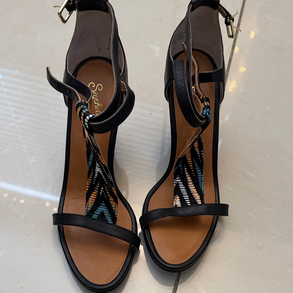 Seychelles Black T-Strap Heels with Teal & White Pattern